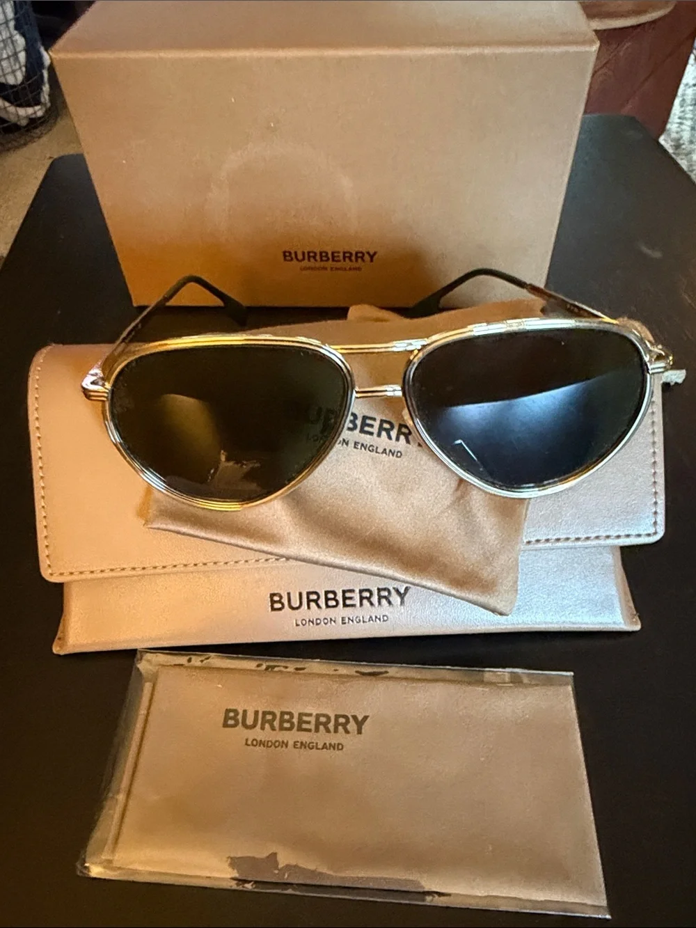 Burberry Gold Aviator Sunglasses with Black Lenses